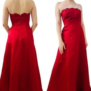 Y2K Vintage Dress Formal Red Embroidered Strapless Floral A-line Prom 4 Small